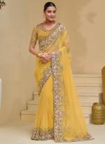 Pure Banarasi Tuscany Yellow Wedding Wear Moti Work Saree